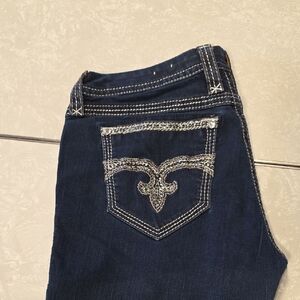 Rock Revival Dark Blue Boot Cut Jeans with Silver Stitching